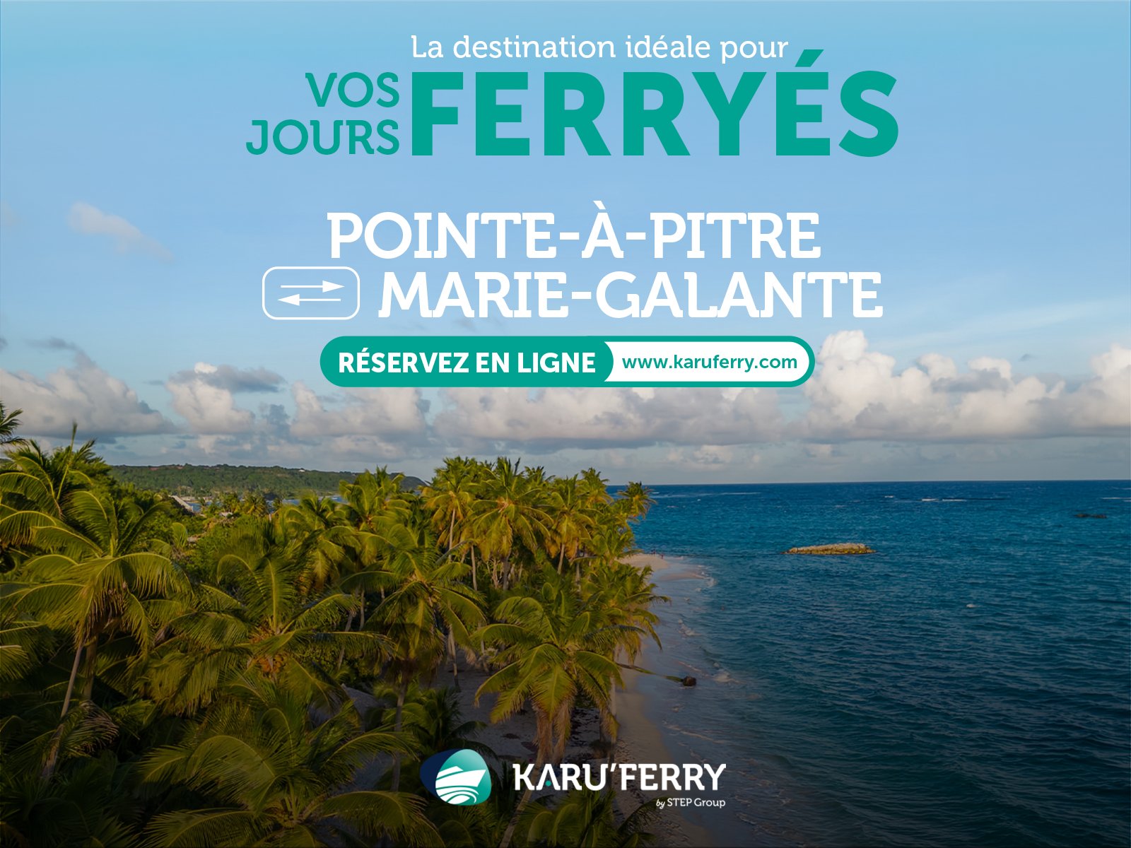 KaruFerry : « La destination idéale pour vos jours ferryés », Pointe-à-Pitre – Marie-Galante, une plage bordée de cocotiers vue du ciel