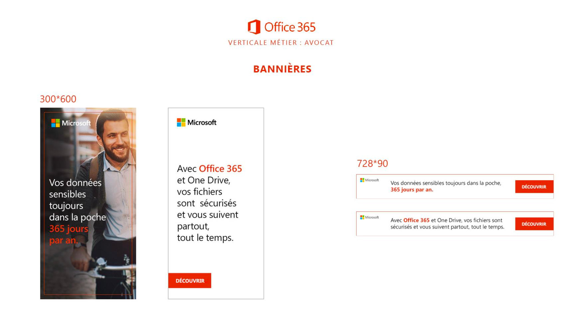 Microsoft Office 365, verticale métier avocat : les bannières 300 × 600 et 728 × 90, « Vos données sensibles toujours dans la poche, 365 jours par an. » et « Avec Office 365 et One Drive, vos fichiers sont sécurisés et vous suivent partout, tout le temps. »