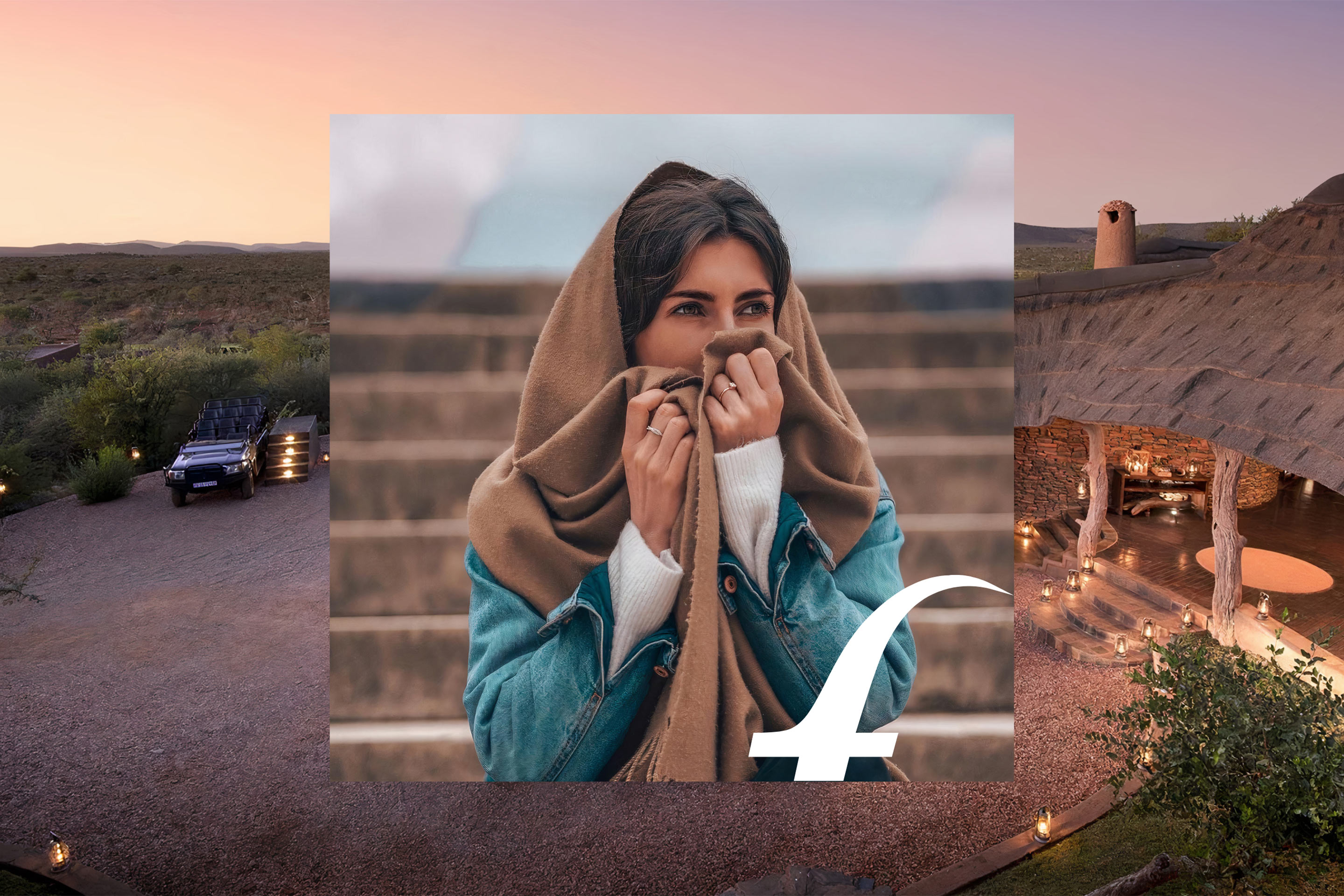 Fanny Hackl : le monogramme f en blanc sur le portrait d’une femme drapée dans une étole camel, devant un lodge au crépuscule et un 4×4 de safari