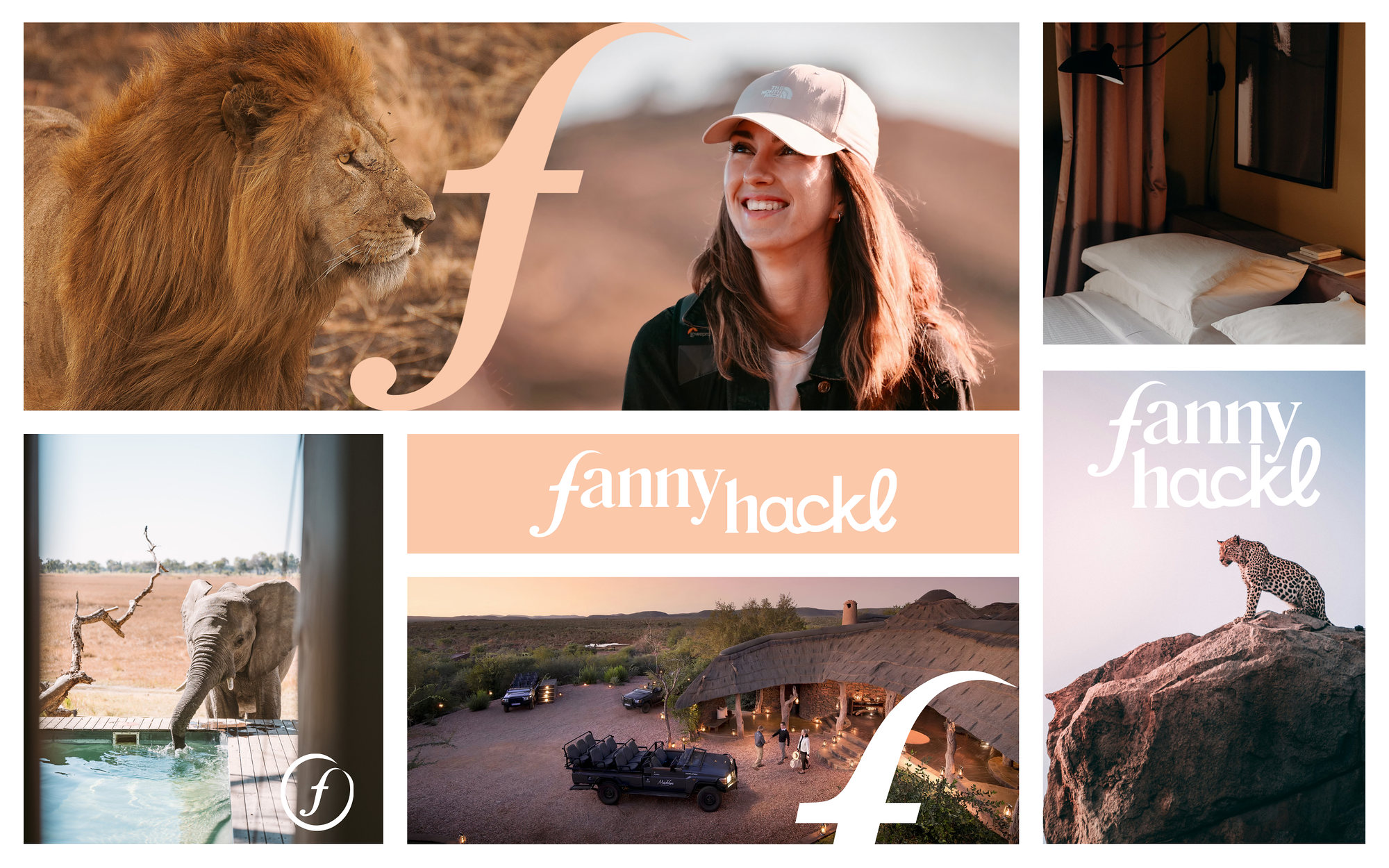 Fanny Hackl, univers de marque : le monogramme f et le logo entre un lion, un éléphant, un léopard, une chambre de lodge et une femme souriante en casquette