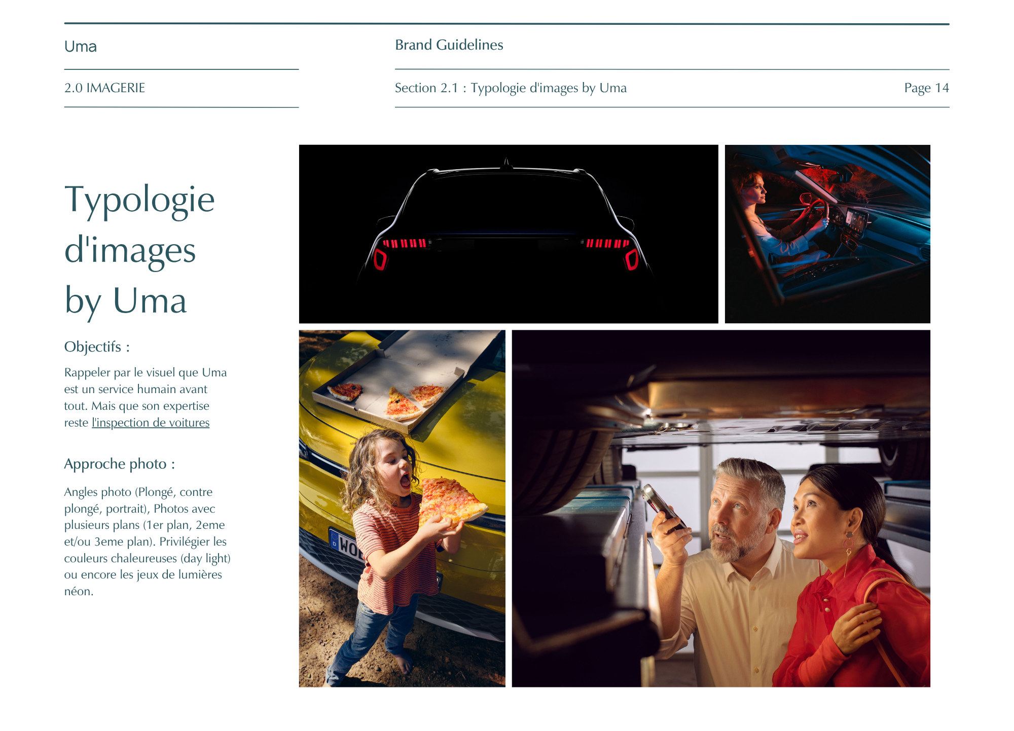 Uma, charte graphique : la typologie d’images, un service humain avant tout, expert de l’inspection de voitures, en quatre photos entre lumière du jour et néons