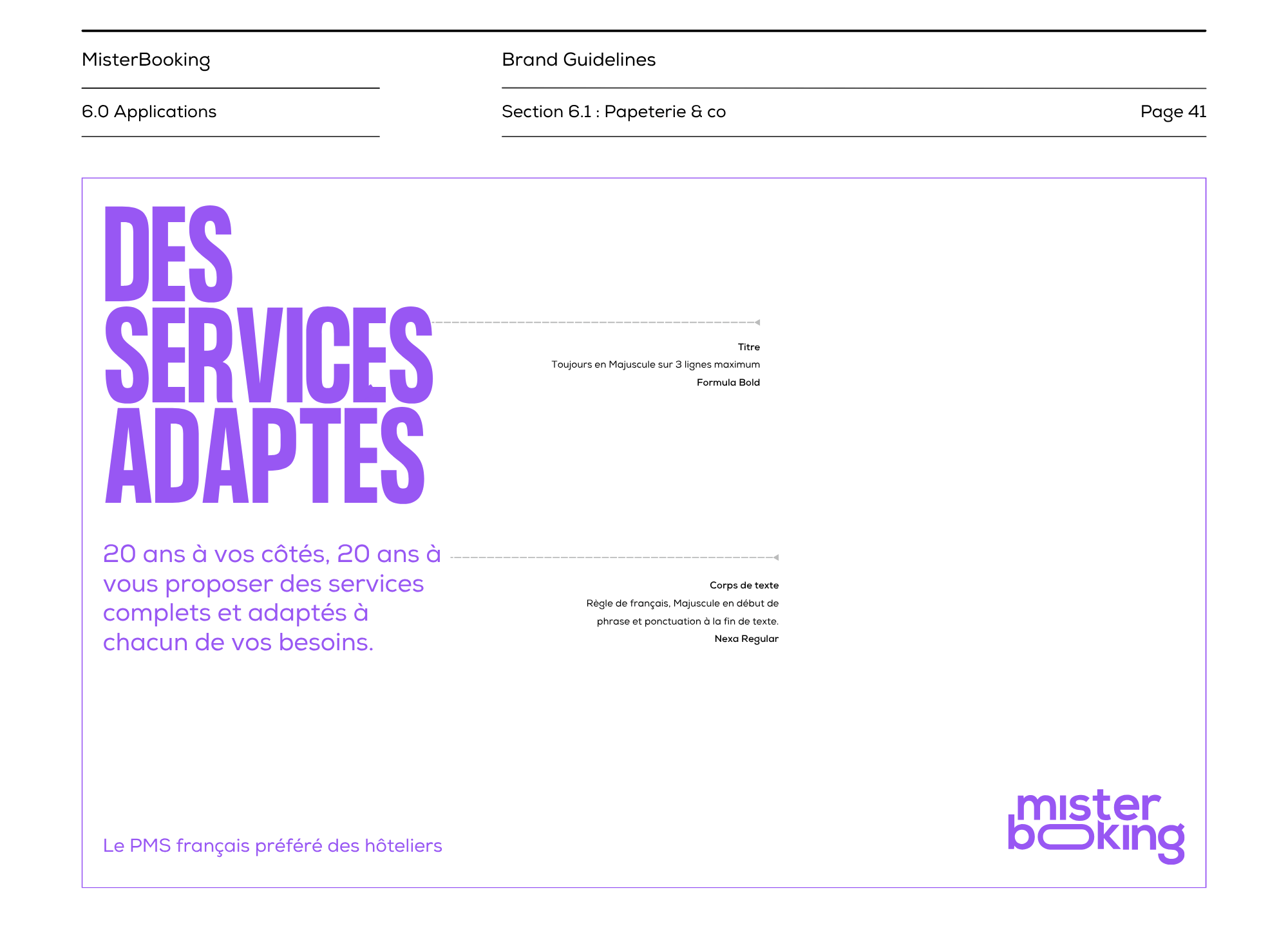 MisterBooking, charte graphique : la mise en page d’un titre, « Des services adaptés », et de son texte, en violet sur fond blanc