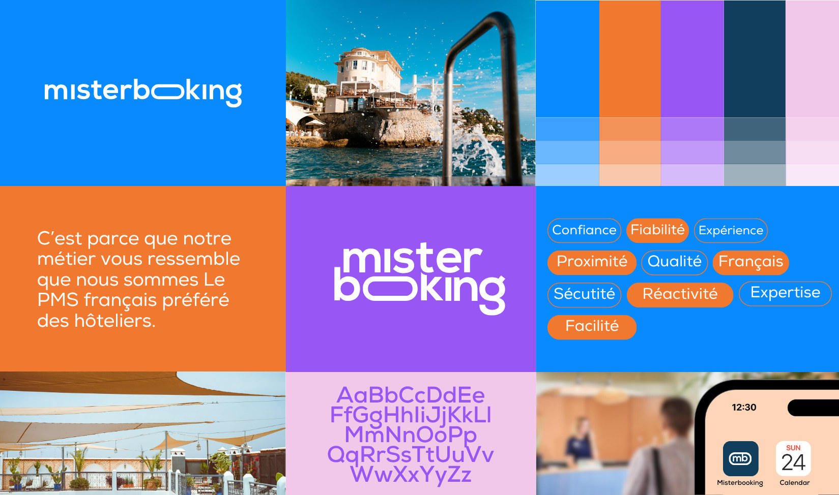 MisterBooking, aperçu de la marque : le logo, la palette, la vision « C’est parce que notre métier vous ressemble que nous sommes le PMS français préféré des hôteliers », les valeurs, la typographie et l’icône d’application