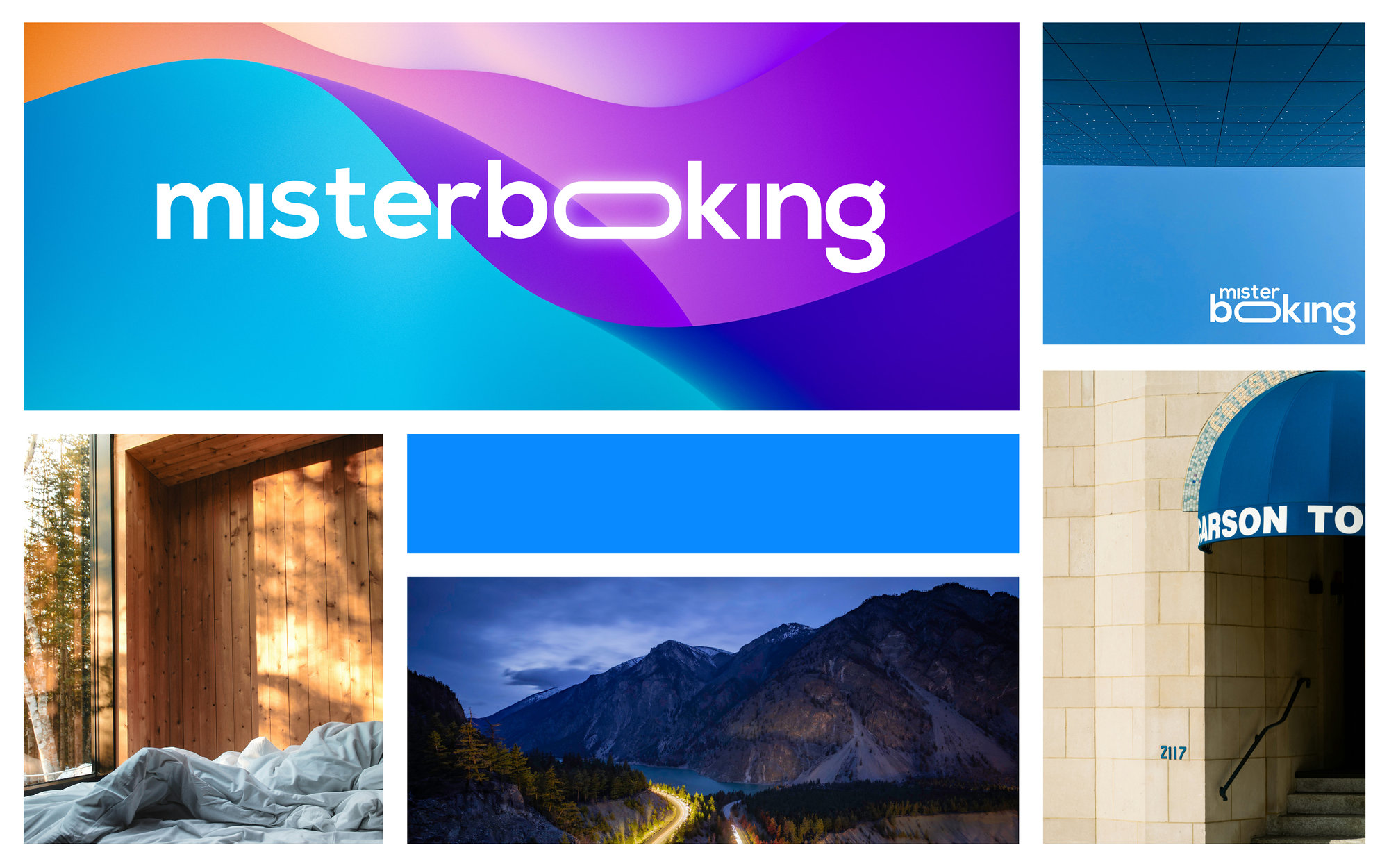 MisterBooking, univers de marque : le logo sur une vague bleue et violette, entre une chambre, une route de montagne et une façade à la marquise bleue
