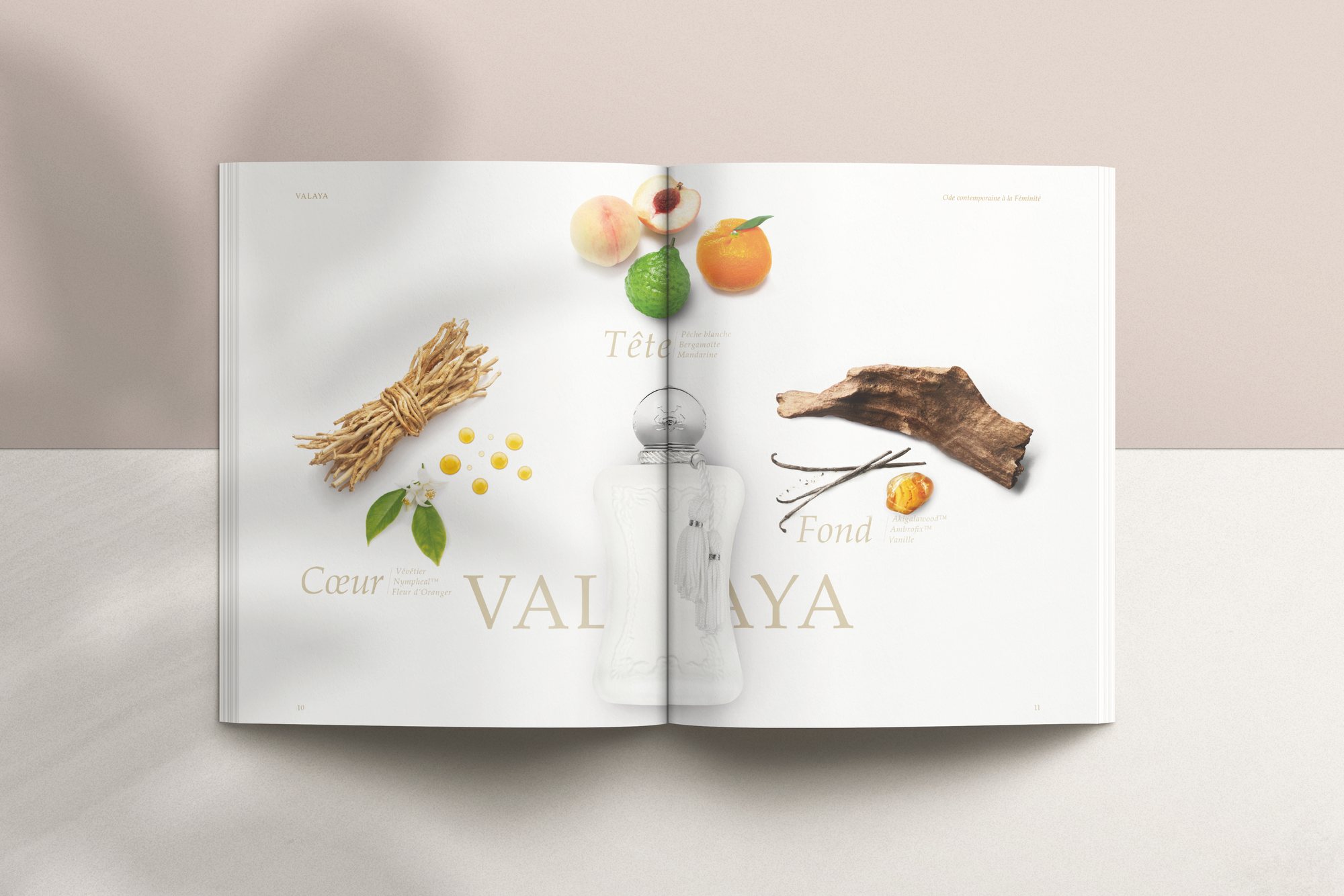 Parfums de Marly, Valaya : la double page des notes dans le magazine ouvert, le flacon au centre, entre la tête (pêche blanche, bergamote, mandarine), le cœur (vétiver, Nympheal, fleur d’oranger) et le fond (Akigalawood, Ambrofix, vanille)