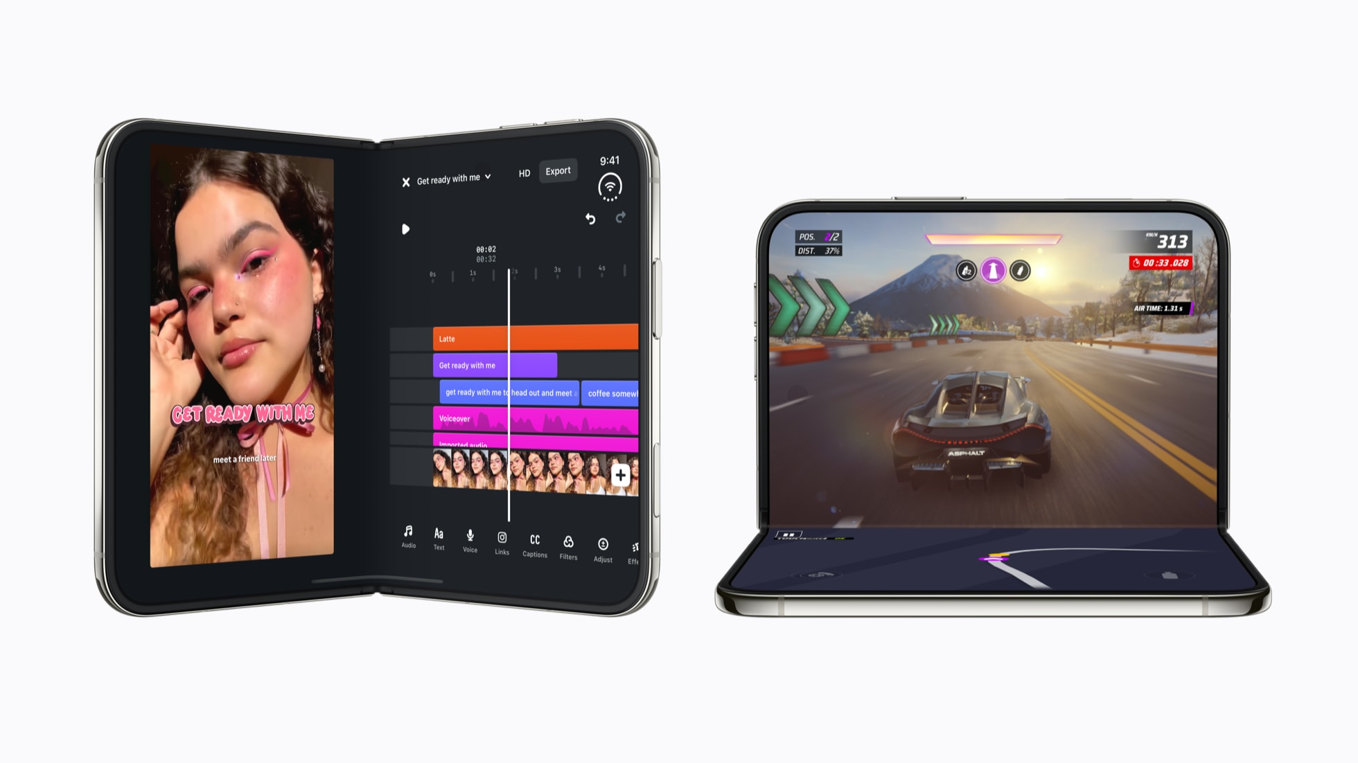 Deux iPhone Duo ouverts affichant des applications adaptées au grand écran pliable