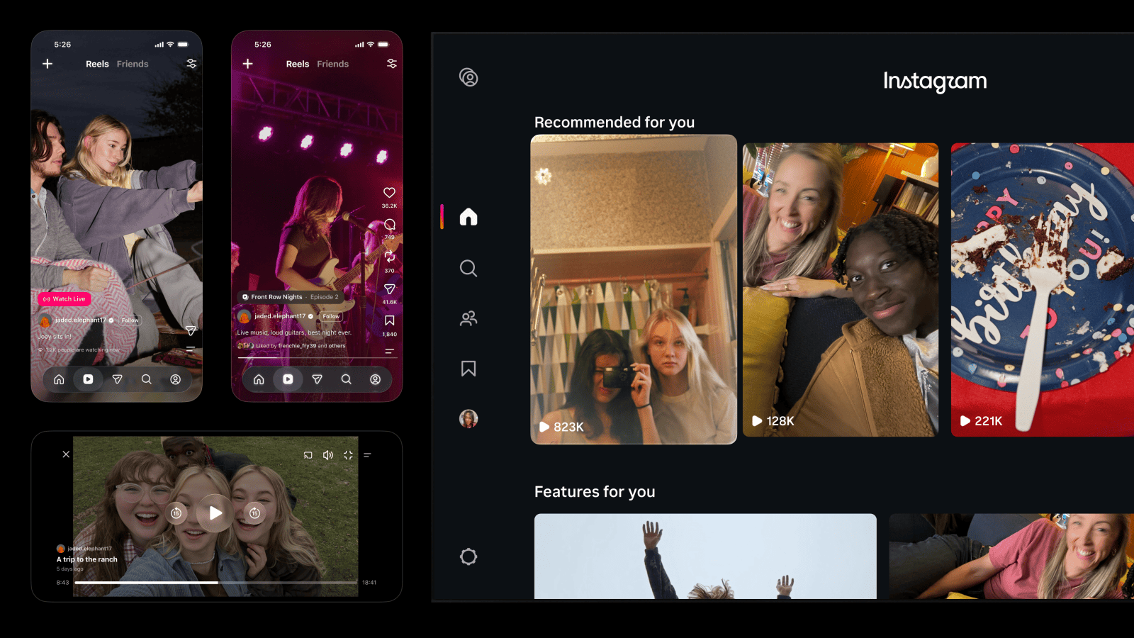 Trois écrans de téléphone avec des Reels et un lecteur vidéo horizontal, à côté d’un écran de télévision où l’application Instagram affiche une rangée « Features for you »