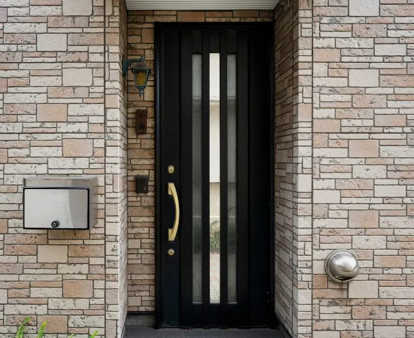 Porte d'entrée noir sur maison en pierres