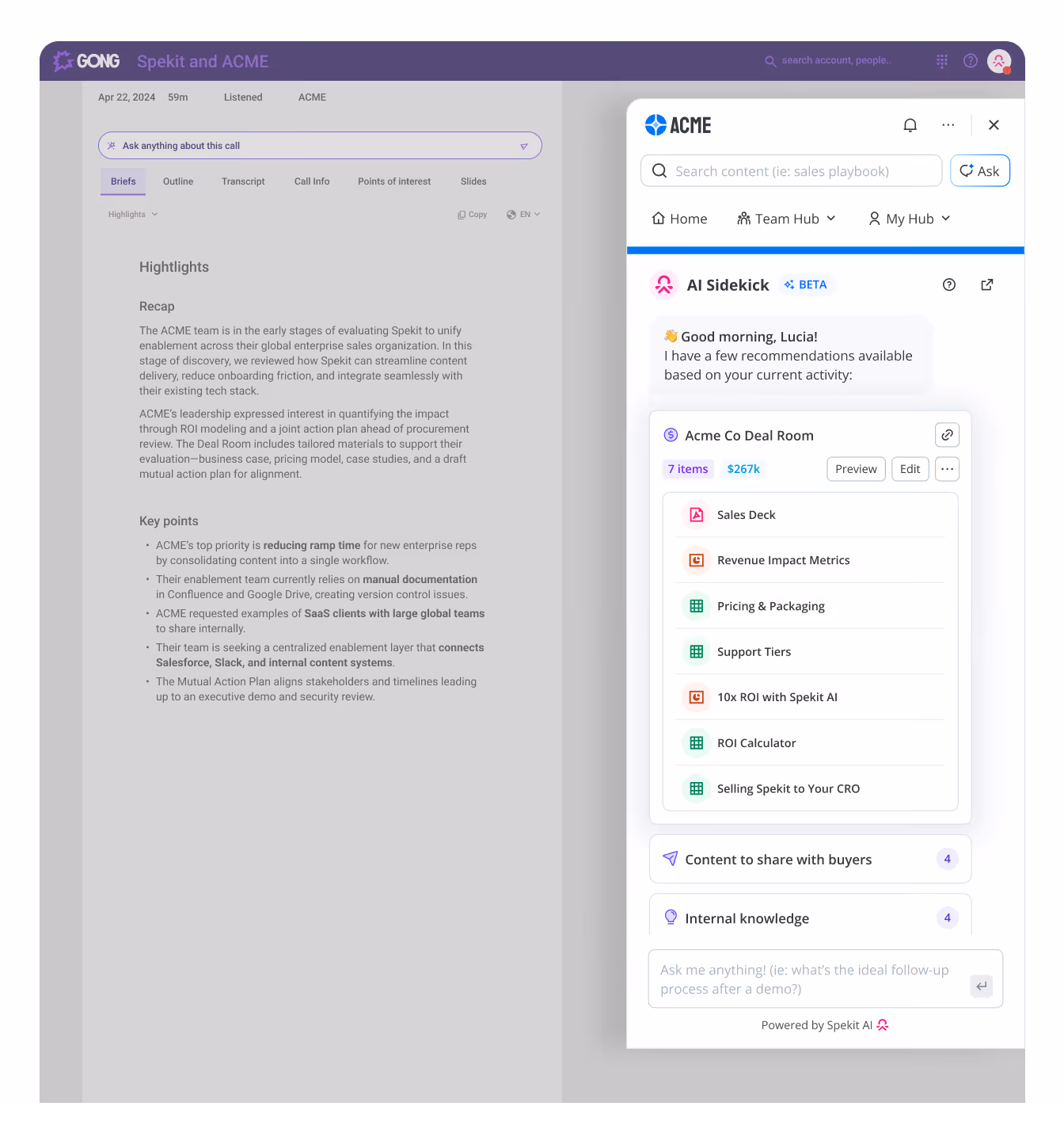 Answers, content, and coaching proactively surface where sales reps are working with Spekit