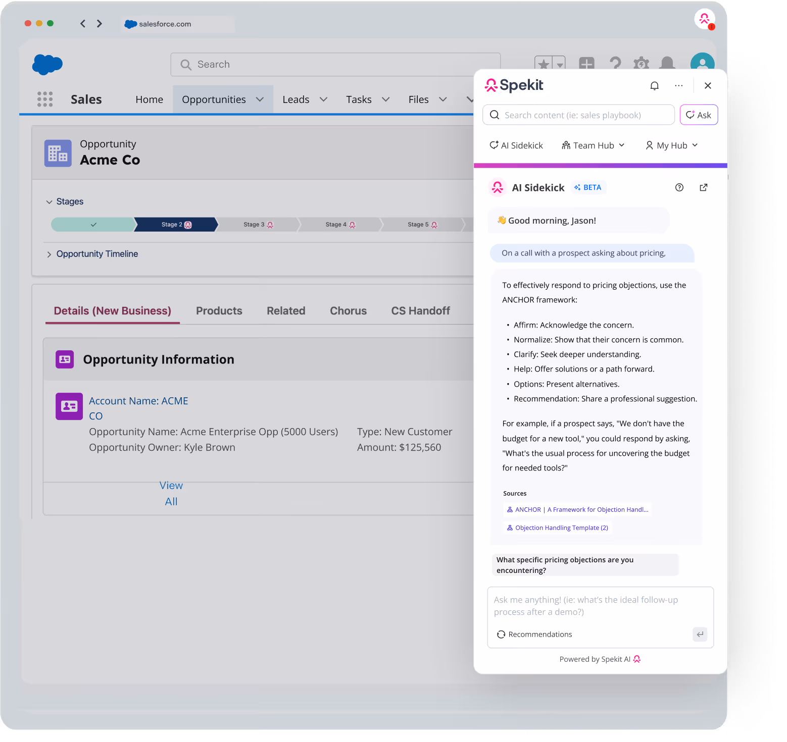 Sales script surfaces in Spekit via AI Sidekick