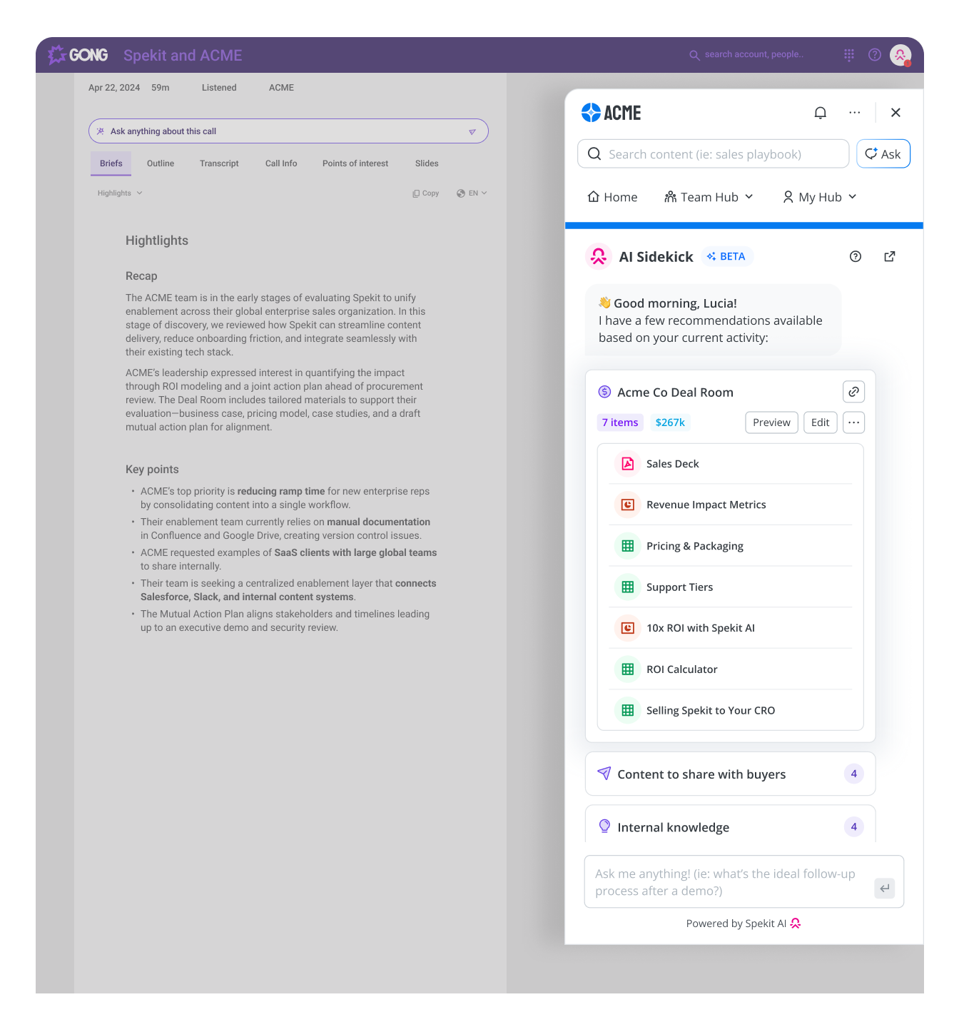 Answers, content, and coaching proactively surface where sales reps are working with Spekit