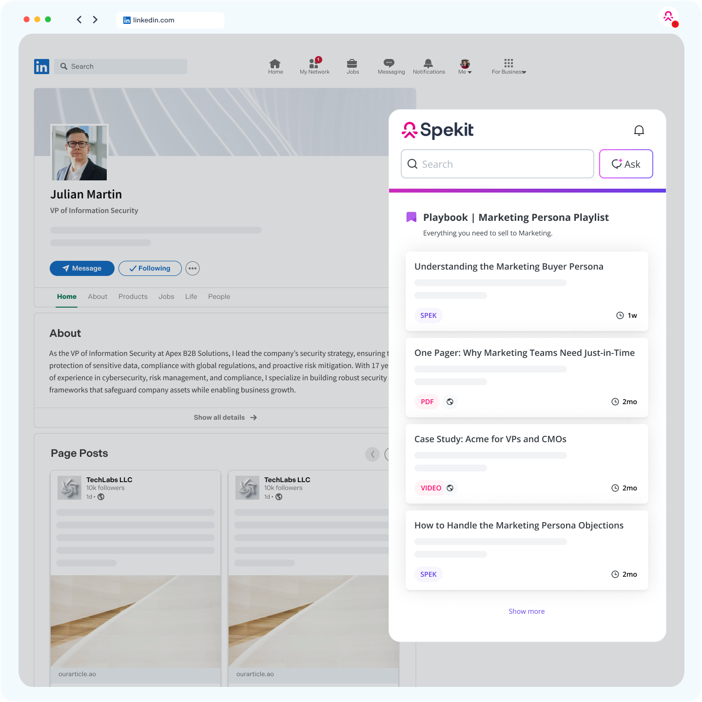 Spekit helps a revenue team member with LinkedIn outreach.