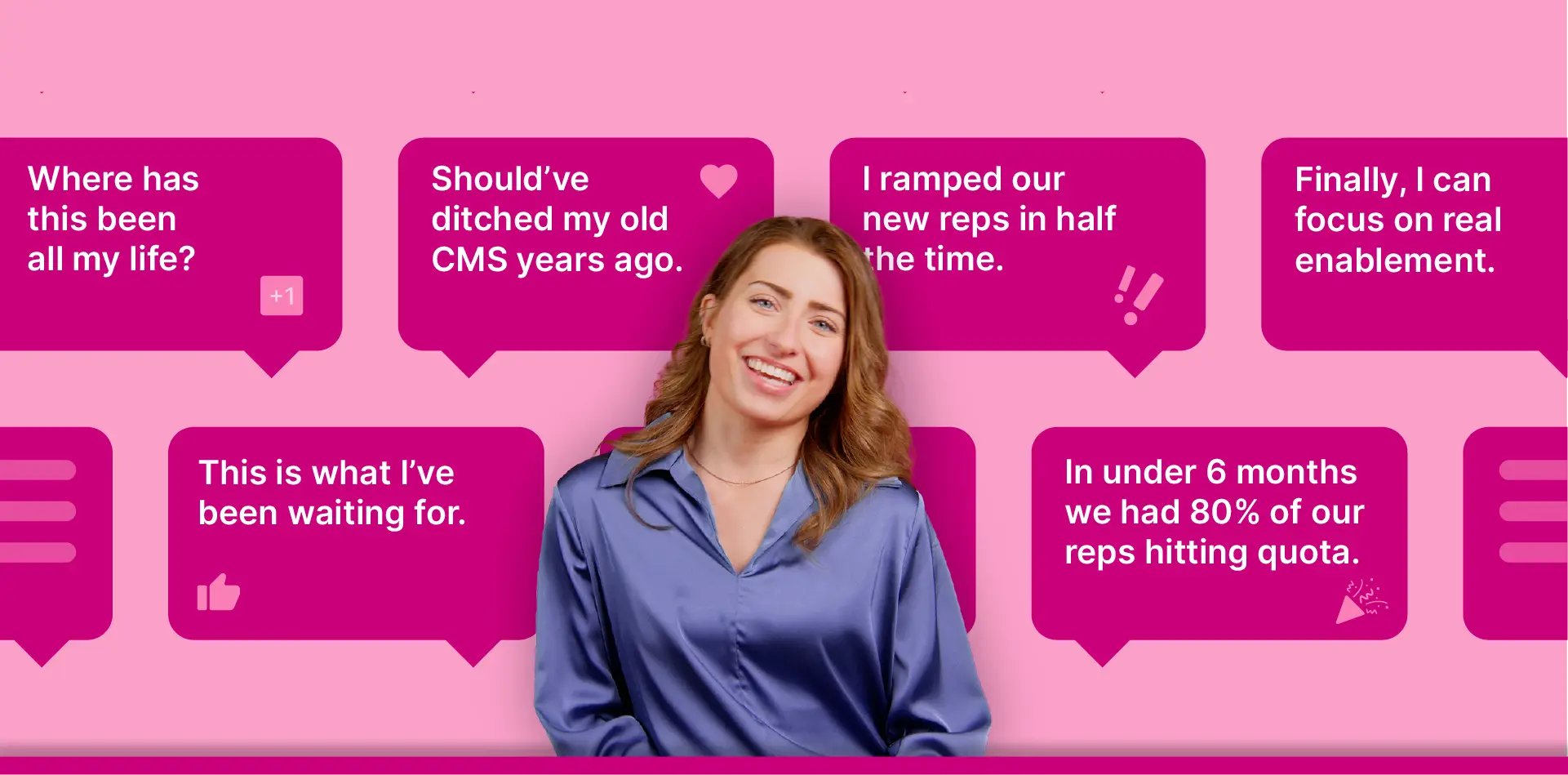 Smiling woman and quotes like, "I should have ditched my old CMS years ago."