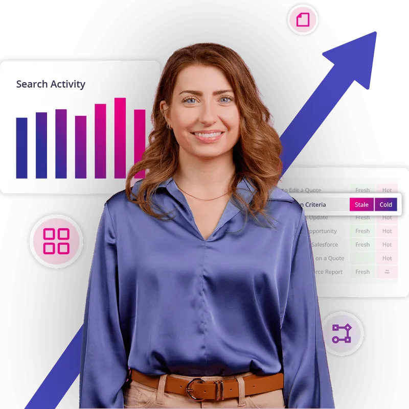 Smiling woman in a blue satin blouse standing in front of digital growth graphics and charts.