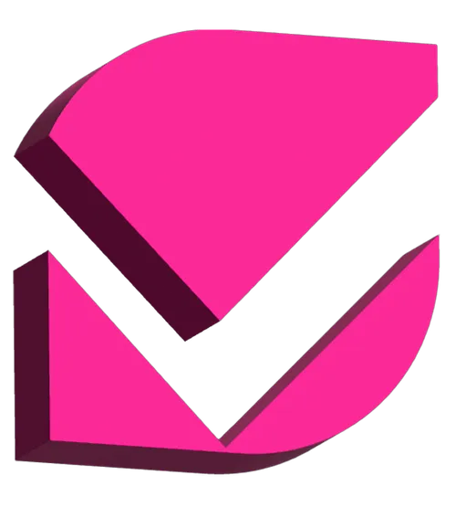 A bold magenta abstract shape with a white check mark cutting through it, forming a stylized, geometric design on a light gray background.