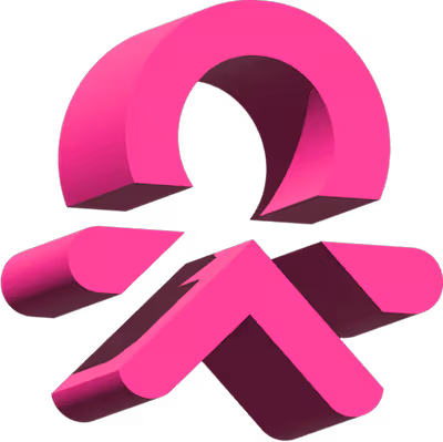 3D pink abstract shape composed of an arch above two angled segments forming a stylized emblem.