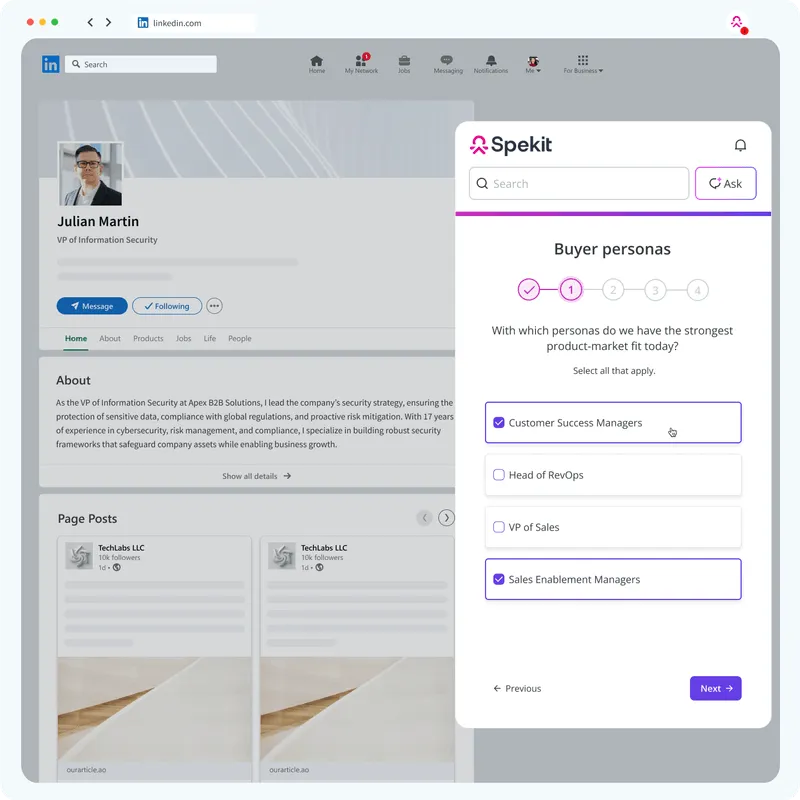 LinkedIn profile page of Julian Martin, VP of Information Security, with a Spekit sidebar showing a buyer personas survey selecting Customer Success Managers and Sales Enablement Managers.
