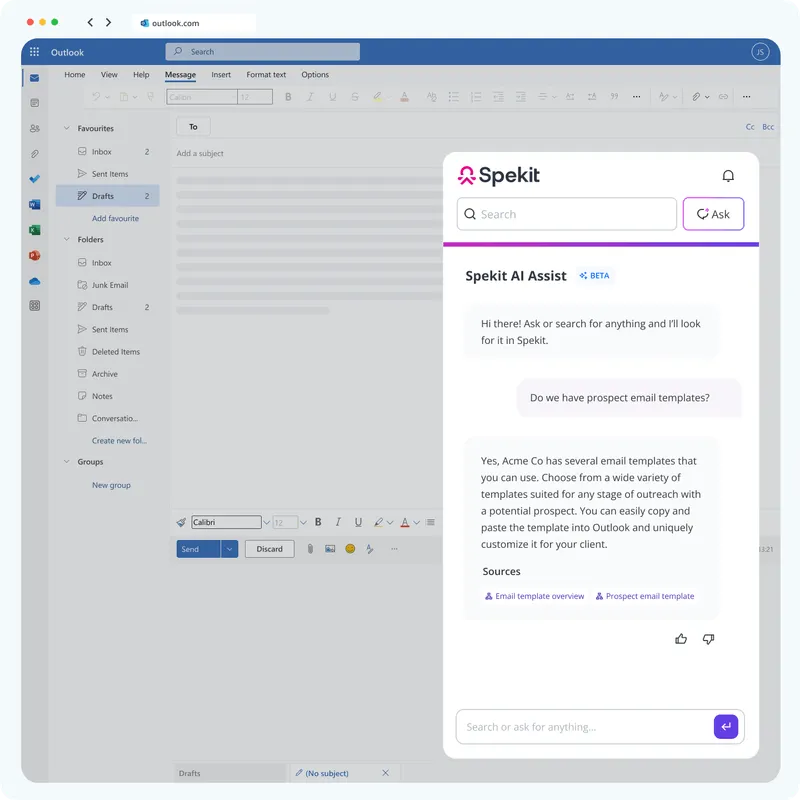 Outlook email draft window open with Spekit AI Assist sidebar showing a conversation about prospect email templates.