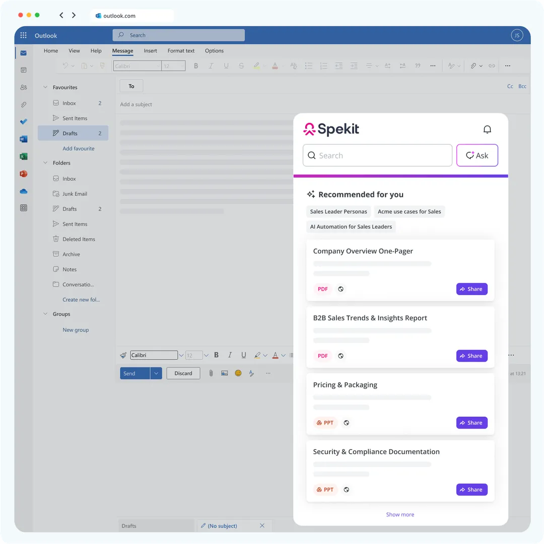 Screenshot of an Outlook draft email window with a Spekit sidebar showing recommended documents like Company Overview, Sales Trends Report, Pricing & Packaging, and Security & Compliance Documentation.