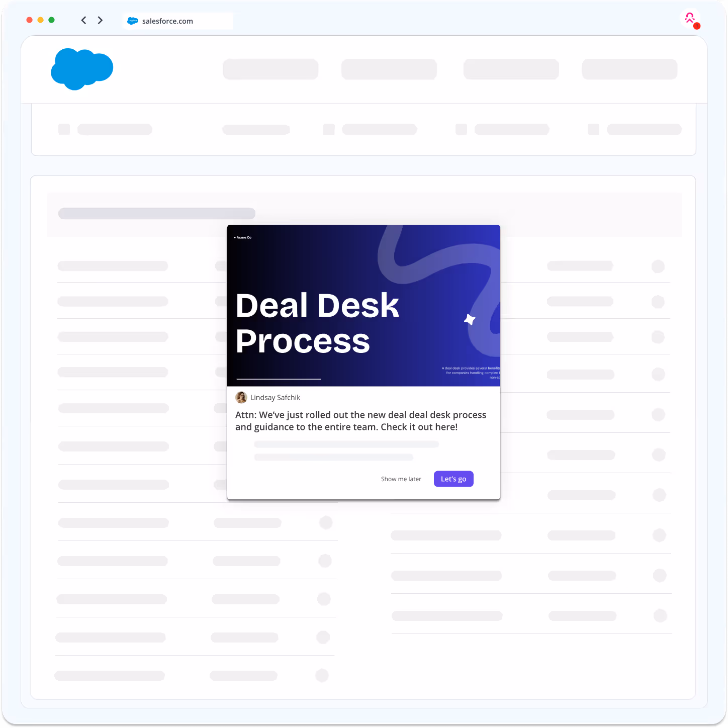 Salesforce.com interface with a pop-up titled 'Deal Desk Process' announcing a new deal desk process rollout by Lindsay Safchik, with options to 'Show me later' or 'Let's go'.
