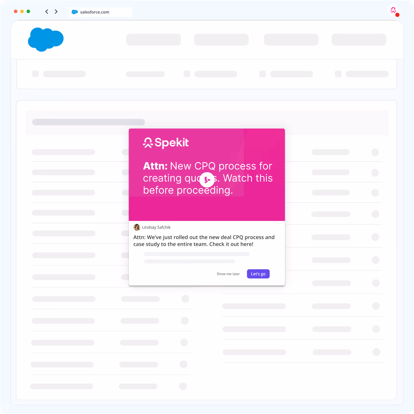 Screenshot of a Salesforce webpage with a Spekit pop-up announcing a new CPQ process for creating quotes, including a message from Lindsay Safchik and options to show the message later or proceed.