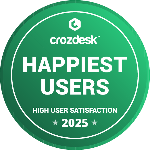 Green circular badge from crozdesk recognizing happiest users with high user satisfaction for 2025.