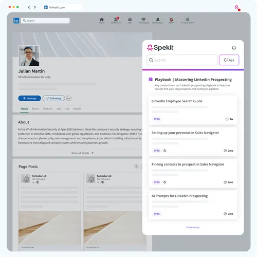 LinkedIn profile page of Julian Martin, VP of Information Security, with an overlay window for Spekit showing a playbook on mastering LinkedIn prospecting and related guides and AI prompts.