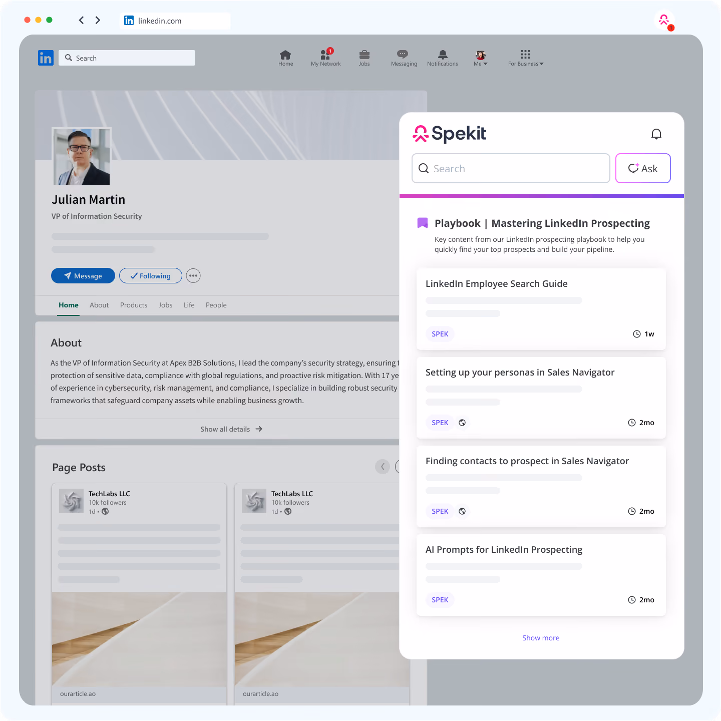 LinkedIn profile page of Julian Martin, VP of Information Security, with an overlay window for Spekit showing a playbook on mastering LinkedIn prospecting and related guides and AI prompts.
