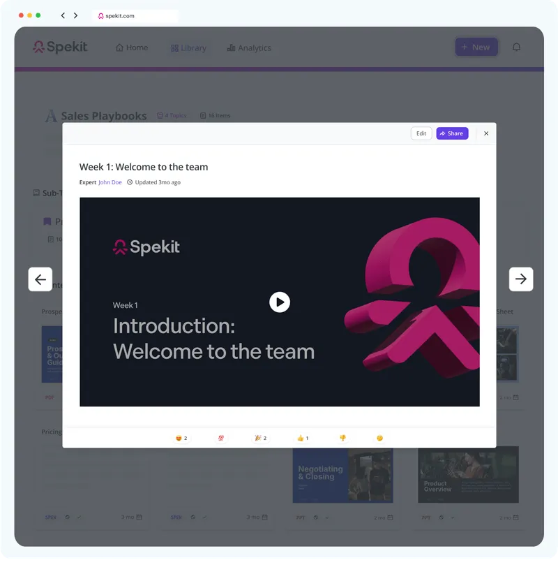 Spekit onboarding screen showing a video titled 'Introduction: Welcome to the team' with navigation arrows and reaction icons below.