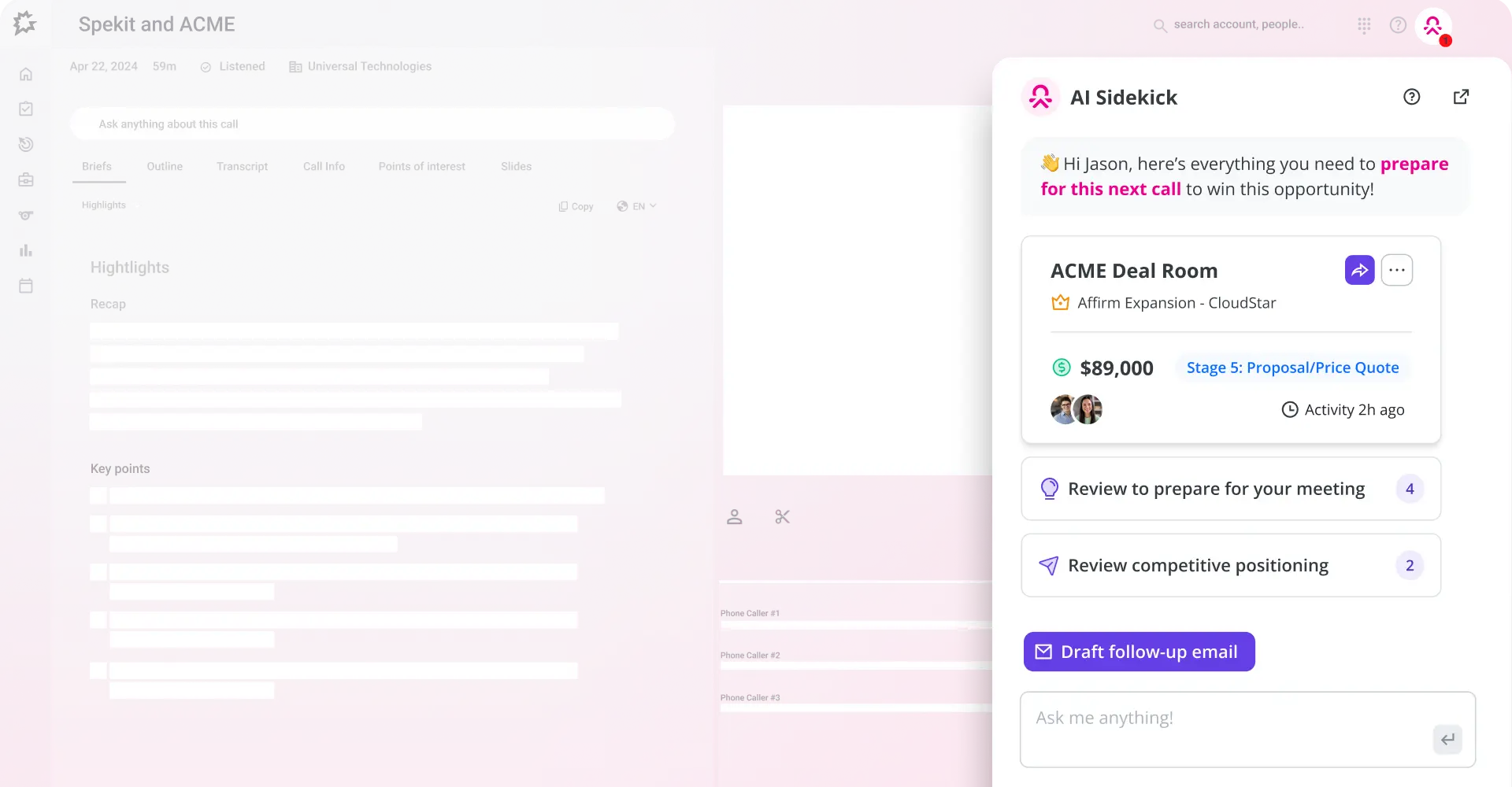 A browser window displays an AI assistant sidebar featuring Spekit Dealrooms, with meeting prep tips, deal info ($89,000), and action buttons over a blurred business dashboard. The AI greets the user and prompts them to prepare for their next call.