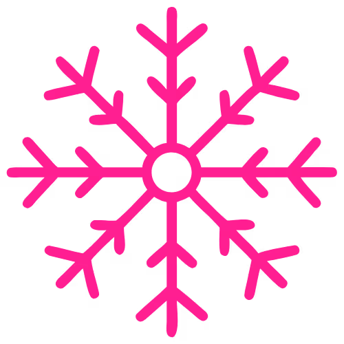 Pink stylized snowflake icon with symmetrical branches on a black background.