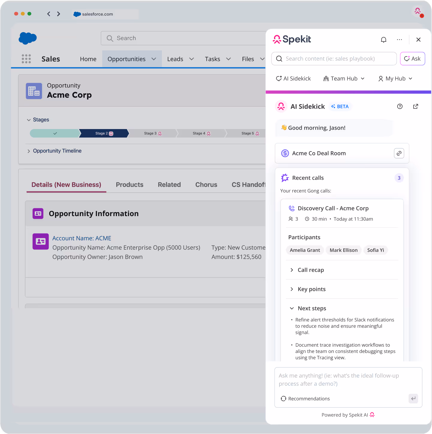 Salesforce opportunity page for Acme Corp showing stages and opportunity details with Spekit AI Sidekick sidebar displaying recent calls and next steps for the Discovery Call with participants Amelia Grant, Mark Ellison, and Sofia Yi.