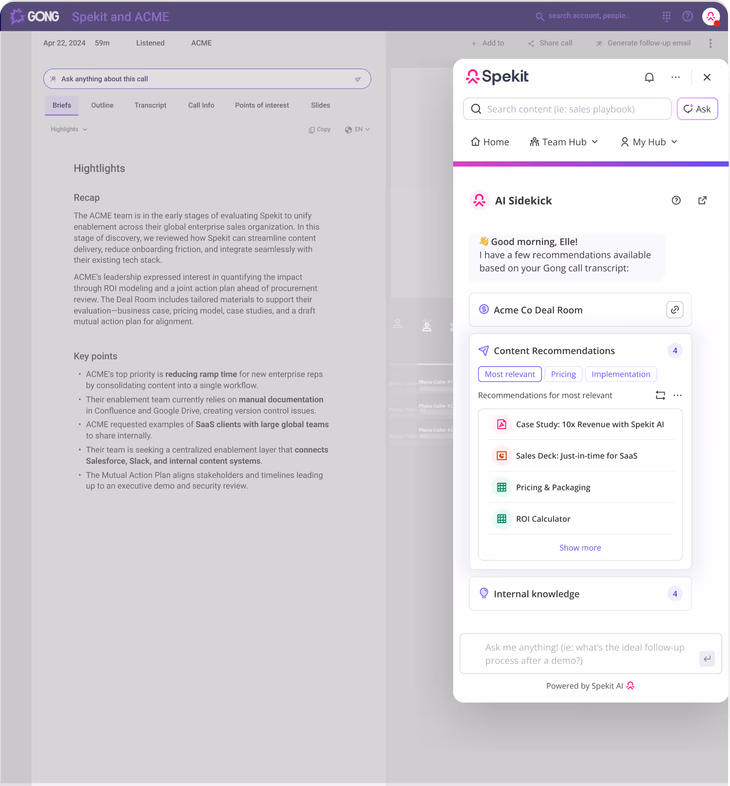 Screenshot of Gong call transcript with Spekit AI sidekick panel showing content recommendations like case study, sales deck, pricing & packaging, and ROI calculator based on the call.