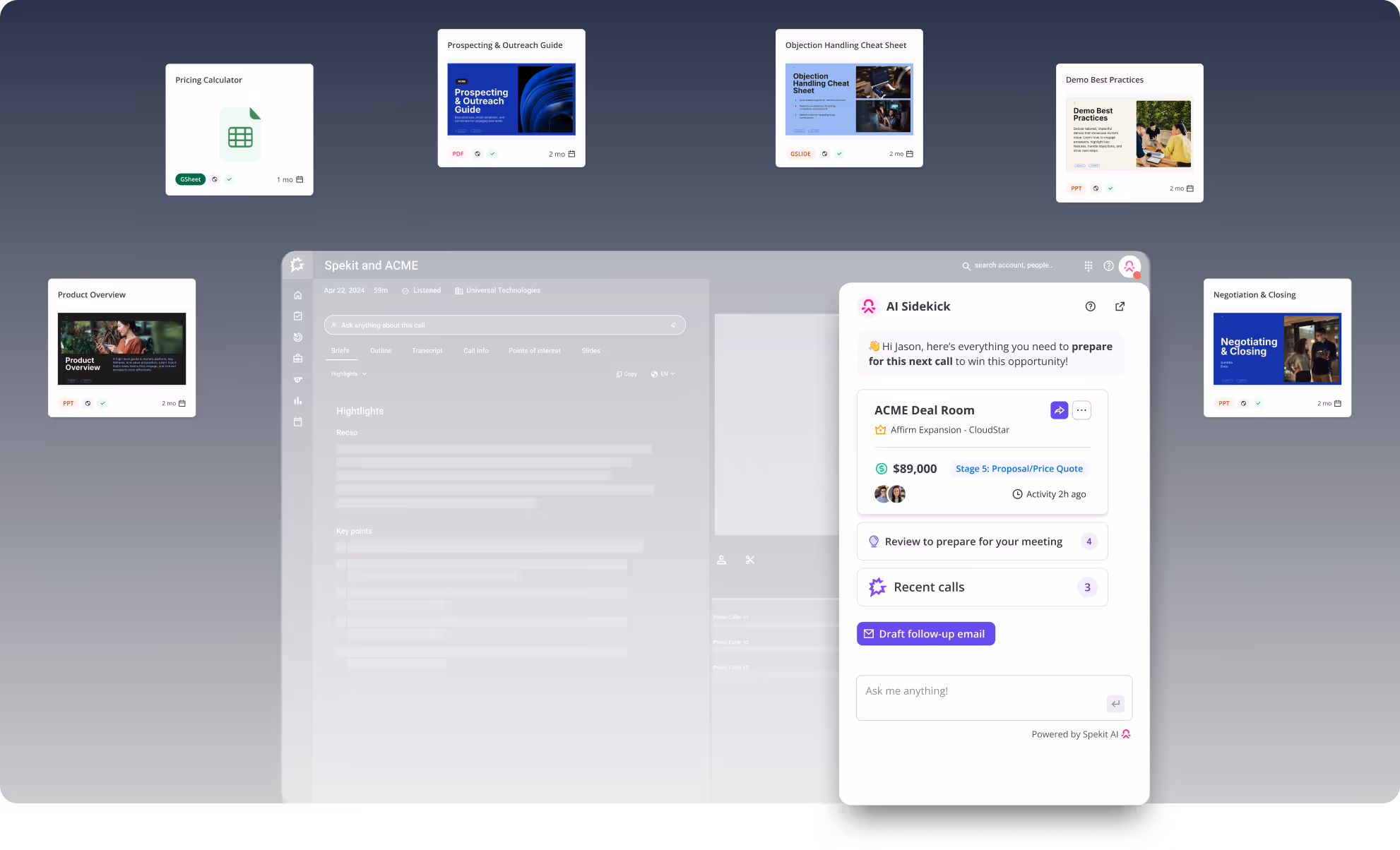 User interface of AI Sidekick displaying call preparation details, deal room info, recent calls, and follow-up email options with floating resource cards for pricing calculator, prospecting guide, objection cheat sheet, demo best practices, product overview, and negotiation tips.