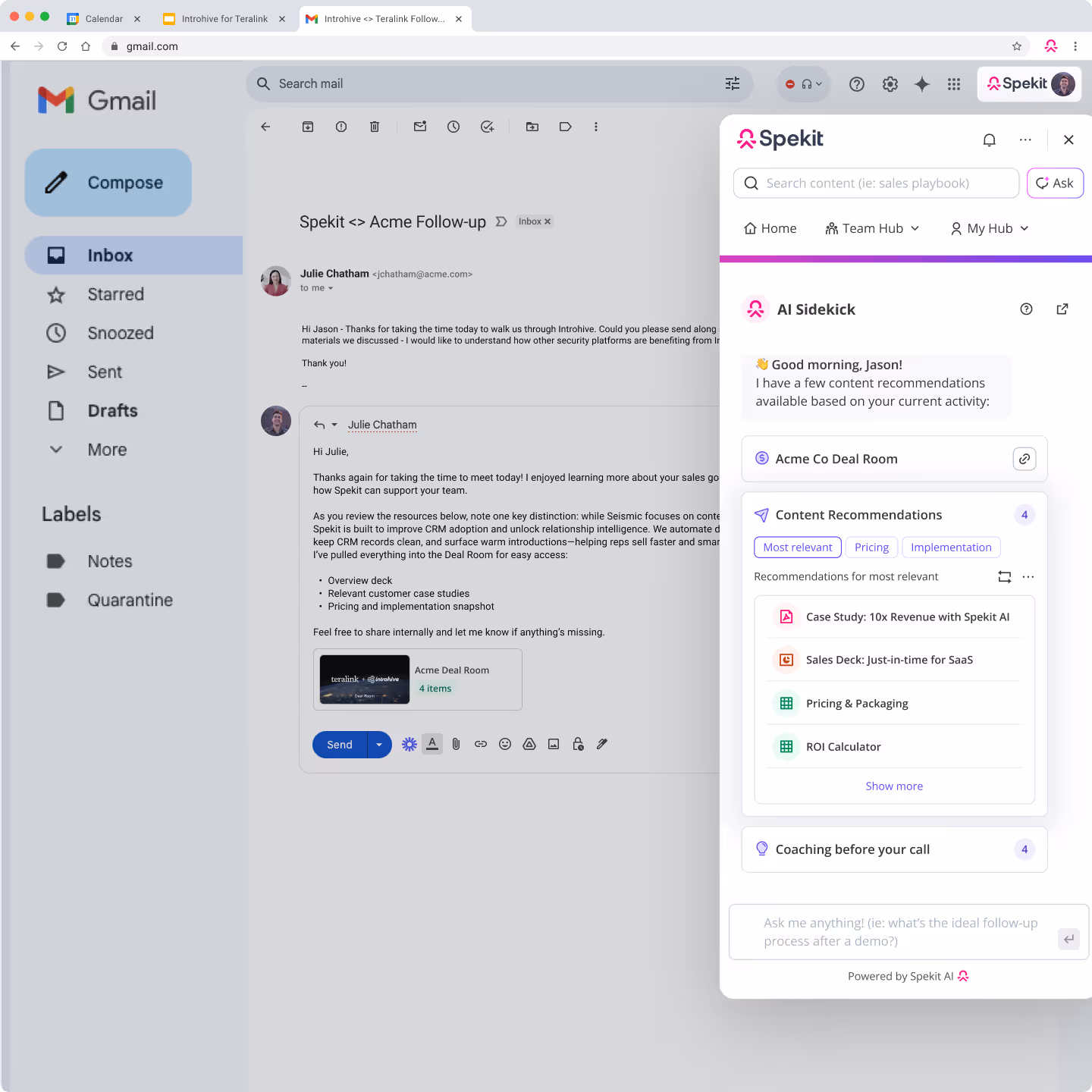 Screenshot of a Gmail inbox with an email thread open and a Spekit AI Sidekick panel showing content recommendations and coaching tips.