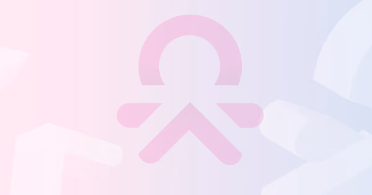 Pink abstract icon of a person with outstretched arms on a soft gradient background from pink to blue with subtle geometric shapes.