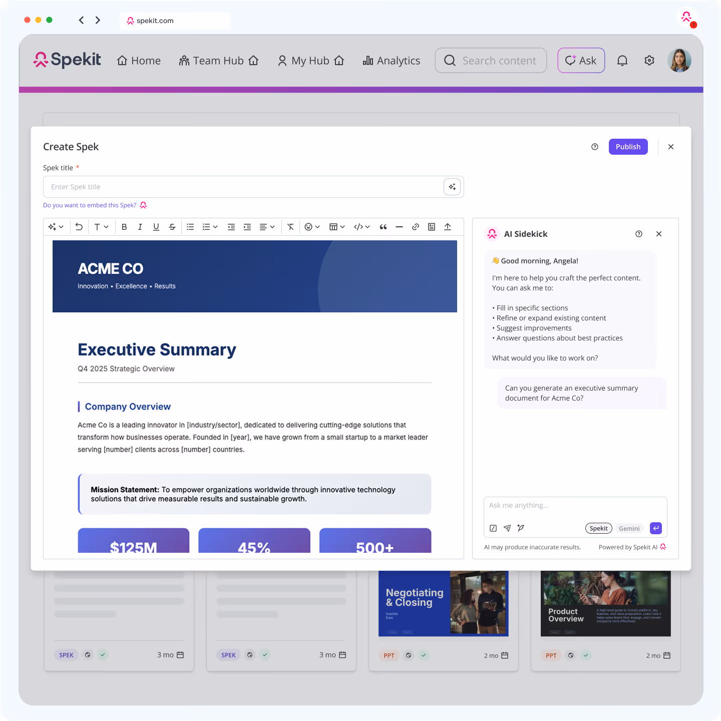 Spekit AI content creation interface showing a 'Create Spek' window with an executive summary draft for ACME Co and an AI Sidekick chat assisting with content generation.