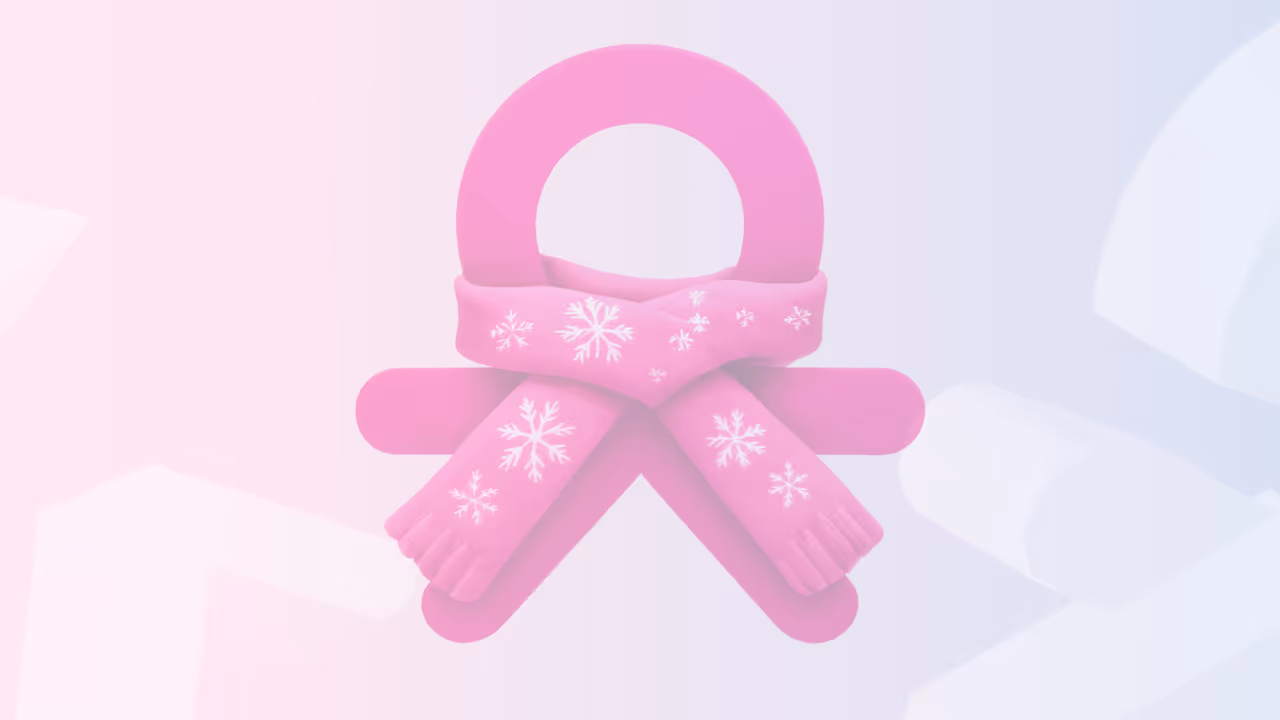 Pink 3D ribbon with a scarf featuring white snowflake patterns wrapped around it.