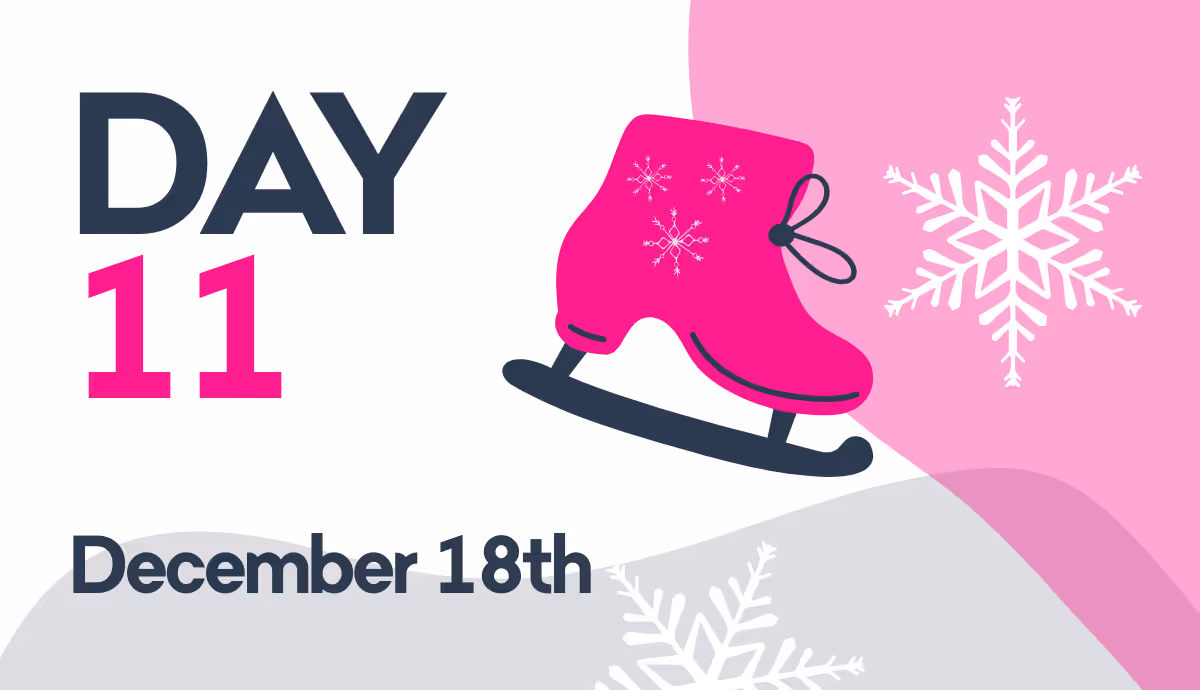 Graphic showing Day 11 in large text with a pink ice skate with snowflakes and the date December 18th.