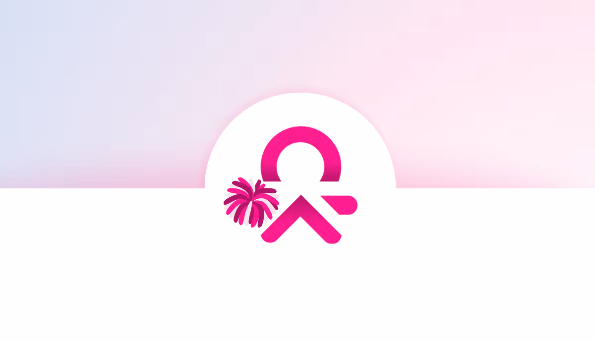 Stylized magenta symbol resembling a person with a pom-pom on a white background with a pink and purple gradient upper half.