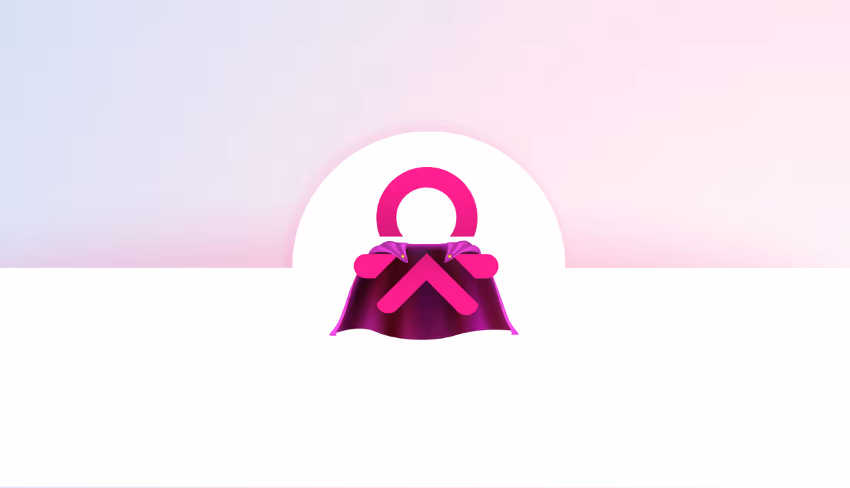 Pink superhero logo with a cape on a white and pink gradient background.