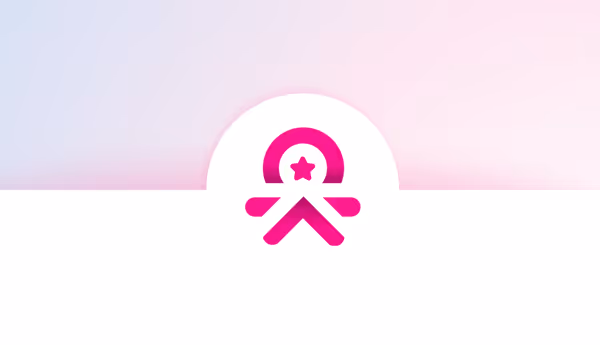 Pink and white icon featuring a circular arch above a stylized figure with a star in the center.