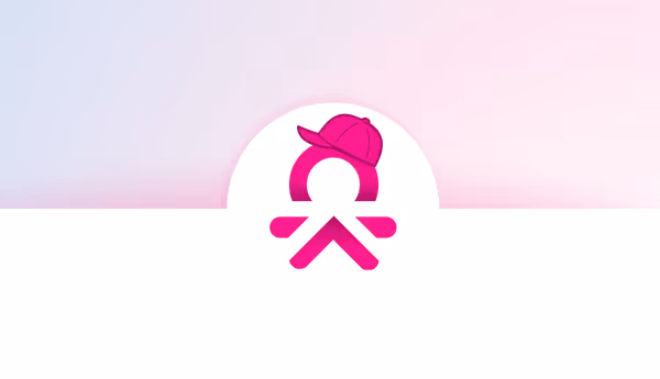 Pink stylized person icon wearing a baseball cap on a gradient background fading from blue to pink.