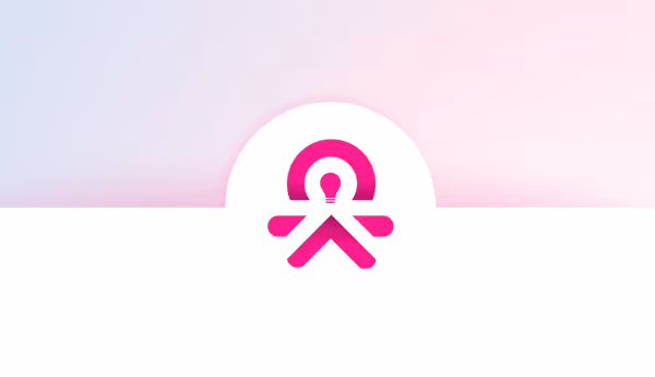 Pink abstract logo with a light bulb inside a circular shape on a gradient pastel pink and white background.