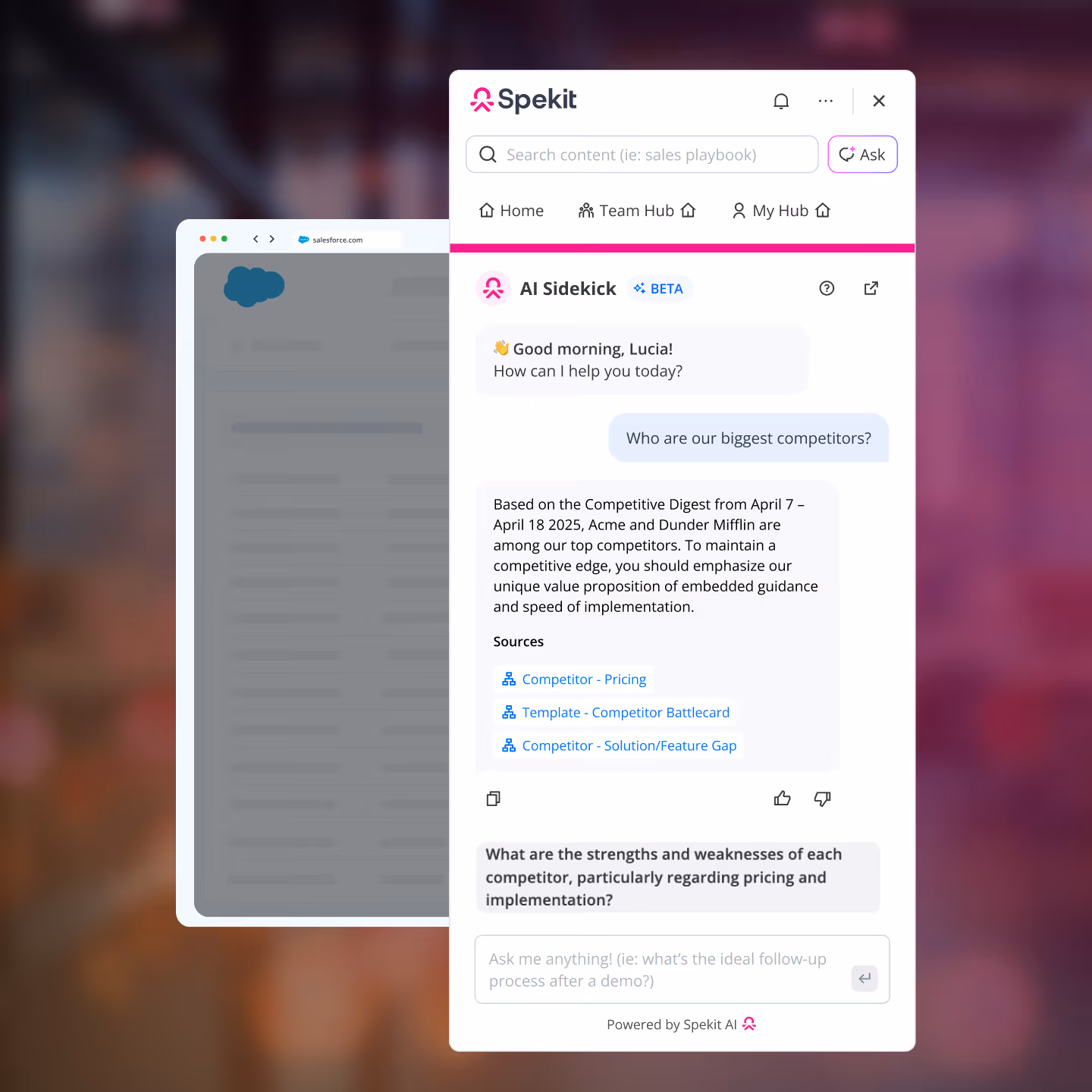 Spekit AI Sidekick interface showing a conversation about identifying biggest competitors, mentioning Acme and Dunder Mifflin, with sources linked and a follow-up question on competitors' strengths and weaknesses.