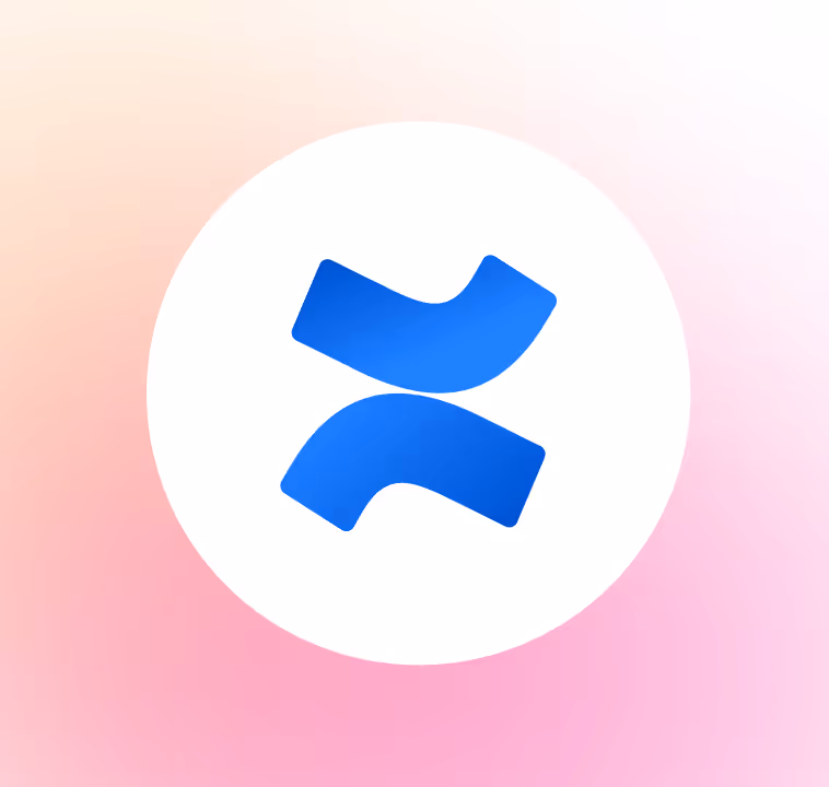Blue Confluence logo with two curved shapes inside a white circle on a pink and peach gradient background.