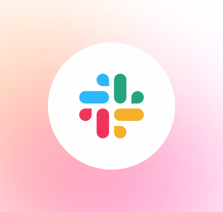 Slack logo with four multicolored bars in a circle on a gradient pink and white background.