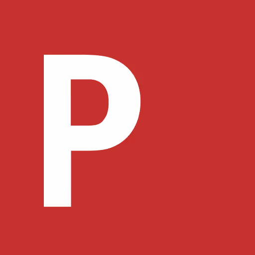White capital letter P on a red background.