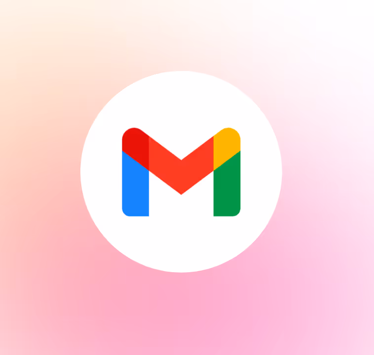 Google Gmail icon with multi-colored M on a white circular background and gradient pink and orange backdrop.