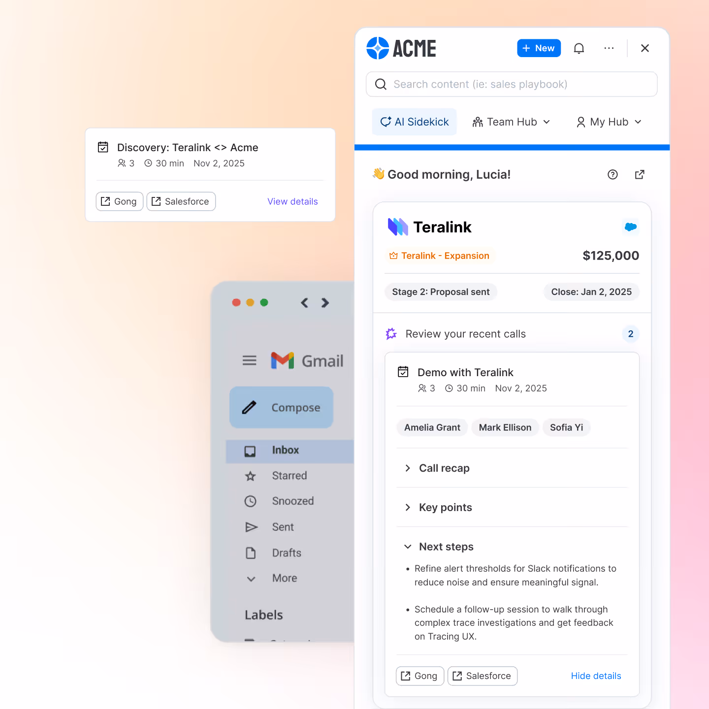 User interface showing ACME dashboard with Teralink sales opportunity details, recent call review, and next steps.